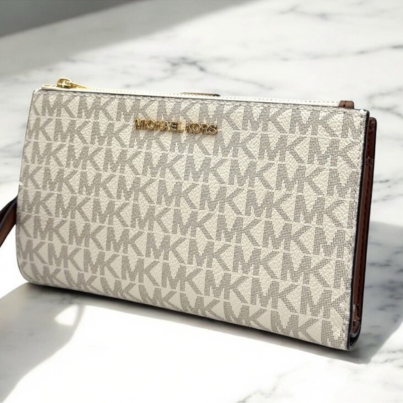 Michael Kors Large Jet Set Travel Double Zip Wallet Powder Blush Multi - Picture 1 of 10